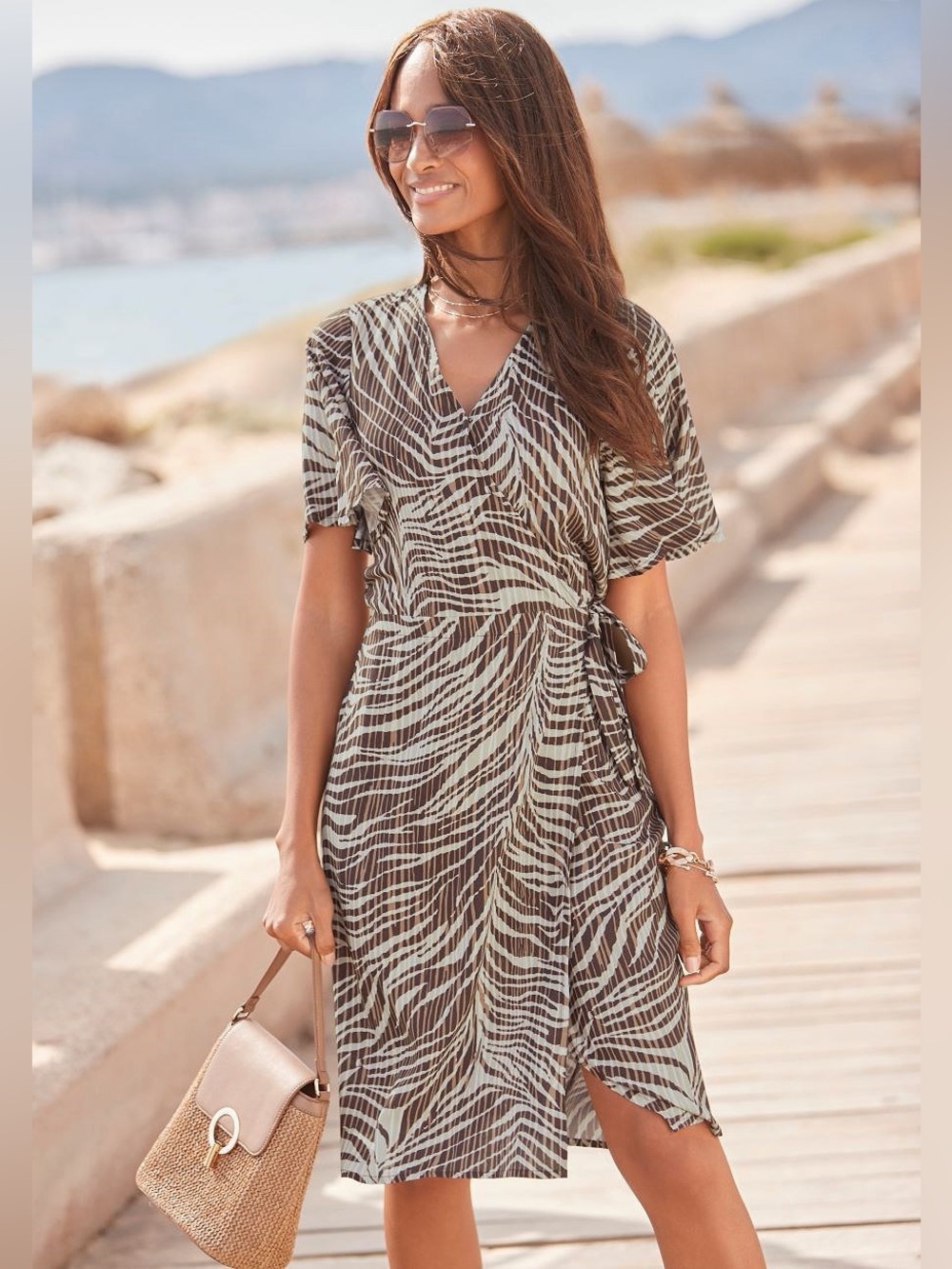Women’s Asymmetrical Wrap Dress in Brown & Cream Zebra Print